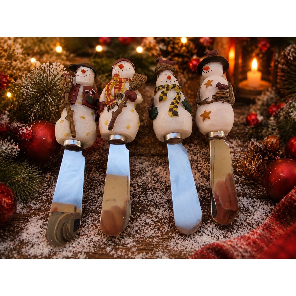 VTG Wallace Snowman Handle Cheese Spreader Knives Set 4 Stainless Steel Holiday